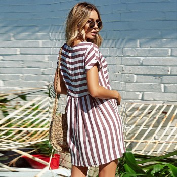 Summer Beach Dress A-Line Striped Short Sleeve O-Neck Print Dress Blue Khaki